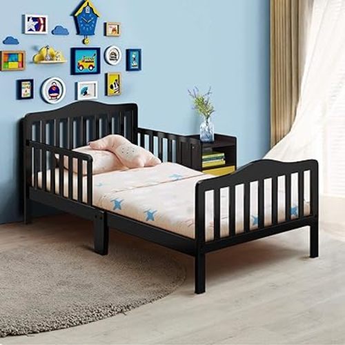 Costzon Toddler Bed, Classic Wood Kids Bed Frame w/Double Safety Guardrail, Low to Floor Design, Wooden Slat Support, Fits Full Size Crib Mattress, Bedroom Furniture for Boys & Girls (Black)