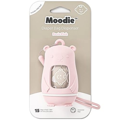 NEW Moodie Teddy Bear Diaper Bag Dispenser | Diaper Bag on the Go Dispenser w/Silicon Strap |15 UNSCENTED Diaper Disposal Bags per Roll | Diaper bag essential items (ROSIE PINK) - 1 Count (Pack of 1) - Rosie Pink