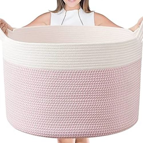 AivaToba Pink Cotton Rope Basket, Large Rope Storage Baskets, 22” x 14” Blanket Basket Living Room, Toy Storage Basket with Handles, XXXLarge Basket for Organizing, Woven Laundry Basket for Clothes
