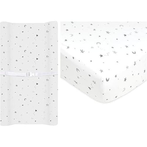 American Baby Company Crib Bedding Bundle Set, a 100% Cotton Fitted Standard Crib Sheet and a Fitted Contoured Changing Table Pad Cover, Gray Star, for Boys and Girls