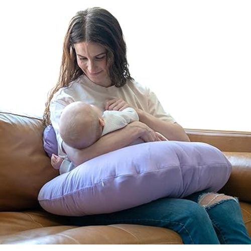 Dr. Mama's Organics Nursing Pillow with Lumbar Support - Ergonomic Design Helps Relieve Back Pain and Arm Fatigue - for Bottle and Breastfeeding - Removable Organic Cotton Cover - Lilac