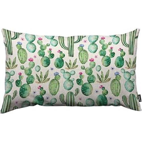 HOSNYE Cactus Throw Pillow Cover Watercolor Cactus Plants and Purple Flowers Linen Fabric for Couch Bed Sofa Car Waist Cushion Cover 12 x 20 inch Pillow Case