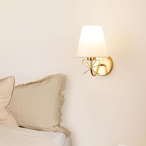 Antique Brass Wall Sconces Set of Two, Bow Sconces Decor Gold Wall Lights Brass Brushed Gold Sconce with Fabric Shade, E26 110V Hardwired Wall Lamps Indoor for Bedroom, Living Room, Doorway
