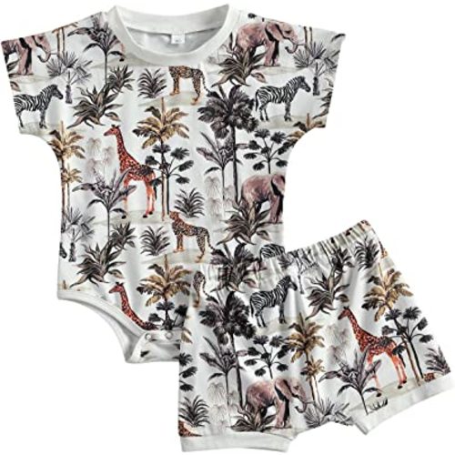 Toddler Baby Boys Summer Clothing Sets Forest Animal Print Romper Short Sleeve Bodysuit Tops and Shorts 2PCS Outfit