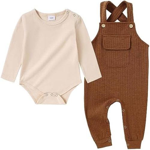 CARETOO Newborn Baby Boy Clothes Infant Boy Romper Fall Winter Outfits Bodysuit 2Pcs Striped Long Sleeve Top Overalls 0-18M