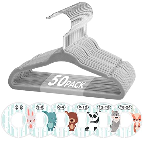 VIS'V Baby Hangers, 11 Inch Velvet Kids Hangers with 6 Pcs Clothes Size Dividers, Infant Toddler Nursery Closet Organization, Non Slip, Gray, 50 Pcs
