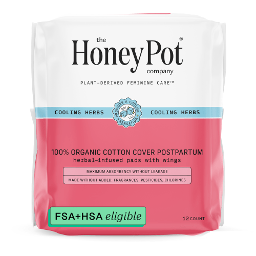 The Honey Pot Company, Feminine Herbal Post-Partum Pads with Wings, Organic Cotton Cover, 12 ct.