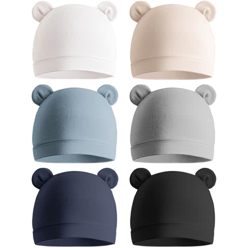 Konssy Paquete de 6 gorros para bebé recién nacido con orejas de oso - Gorros suaves para bebés niños y niñas, 0-3 meses
