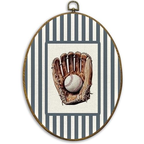CUANFDDSF Vintage Baseball Oval Wall Art Decor, Sports Nursery Wall Hanging Decor, Navy Striped Classic Baseball Glove Framed Canvas Prints for Kids Nursery Room Bedroom Gym Sport Room, 8.6x11.4 Inch