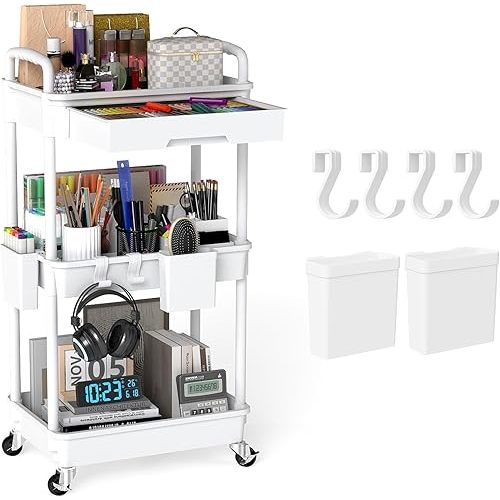 3 Tier Rolling Utility Cart with Drawer, Plastic Storage Organizer Rolling Carts with Wheels Handles Hanging Cups Hooks for Office, Bathroom, Kitchen,Craft Art Room (White)
