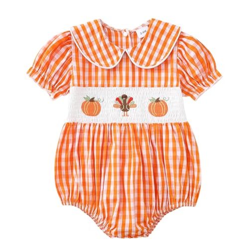 Yvowming Halloween Baby Girl Outfits Pumpkin Bubble Romper Newborn Thanksgiving Smocked Clothes Infant Checkered Bodysuit