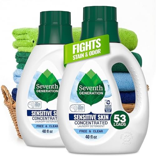 Seventh Generation Concentrated Free & Clear Laundry Detergent, 40 oz, Pack of 2, No Dyes or Fragrance, Sensitive Skin Liquid Laundry Soap Targets Stains and Everyday Messes With Biobased Formula