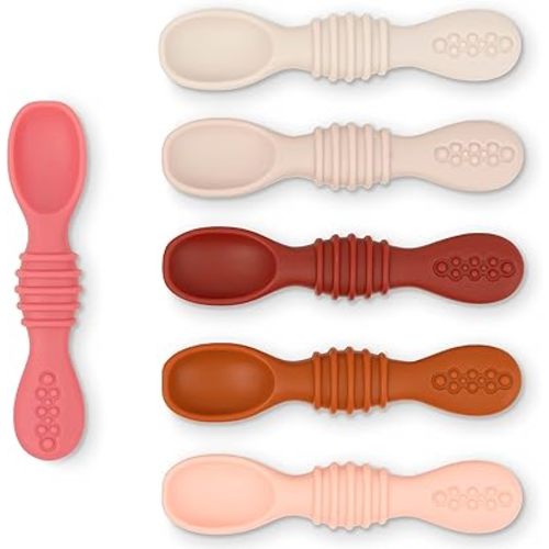 Simka Rose Silicone Baby Spoons Self Feeding 6 Months - First Stage Infant Spoons for Babies & Toddlers- Baby Led Weaning Spoons Set of 6- Easy on Gums Food Training Utensils Dishwasher Microwave Safe
