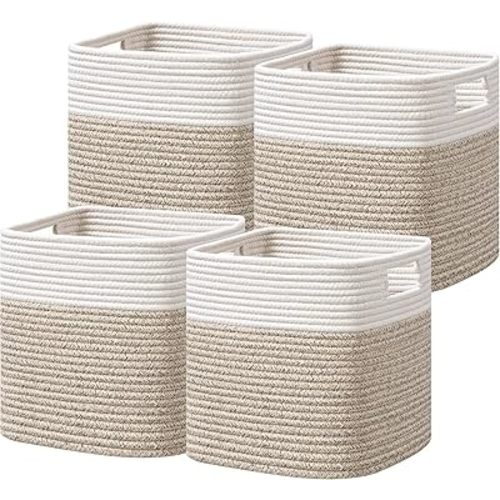 UBBCARE Set of 4 Storage Basket-12 X 12 X 12 in, Cotton Rope Basket for Shelves, Toys, Book, Cube Storage Bins with Handles, Woven Storage Basket for Organizing, White Brown