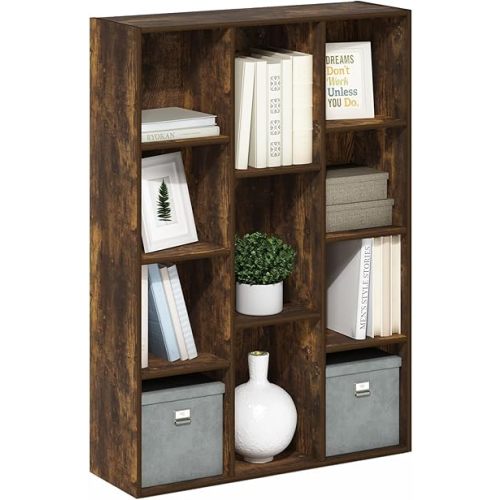 Furinno LUDER Book Shelf, 11-Cube Bookshelf, Reversible Bookcase, 9.4 x 29.1 x 41.7, Easy Assembly, for Living Room, Bedroom, Home Office, Amber Pine