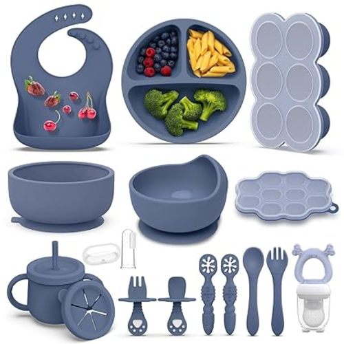 16 Pack Silicone Baby Feeding Set, BPA-Free Baby LED Weaning Supplies, Include Suction Plates, Baby Bowls, Silicone Fork & Spoon, and More, First Stage Baby Food Eating Utensils - 6+ Months(Grey,16)