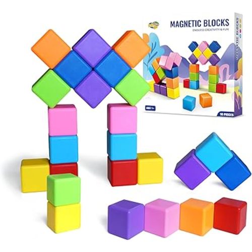 Large Magnetic Building Blocks in 8 Colors, 1.65 Inch Magnet Cubes for Sensory Education, STEM Learning Stacking Toys for Toddlers, 1 2 3 Years Old Boys & Girls Birthday Gifts (16PCS)