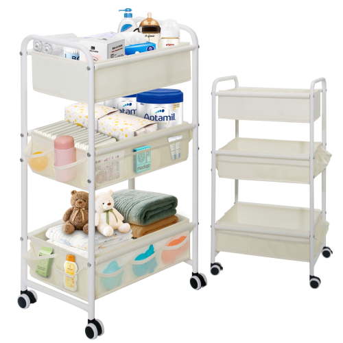 Gofinoday 3-Tier Diaper Caddy Cart with Wheels, Rolling Nursery Organizer with Dividers, 8 Mesh Pockets, Lockable Wheels, White