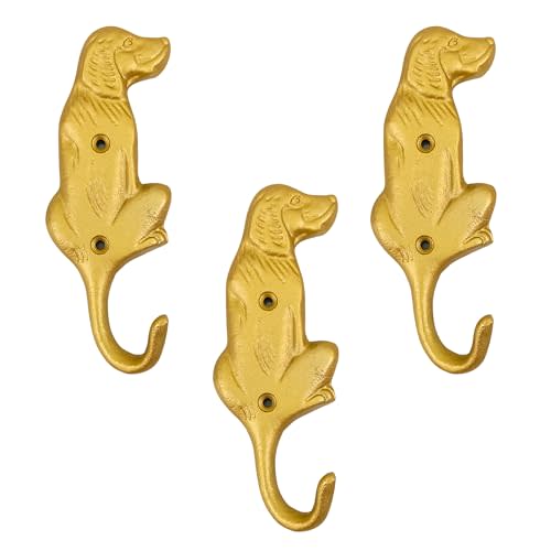AYZCORP Set of 3 Cast Iron Dog Shape Coat Hooks Wall Art Decor-Dog Shape Hangers and Key Holder-Clothes Rack and Backpack Hanger-Coat Hooks Home Decor for Storage, Living Room,Hallway (Gold Finish)