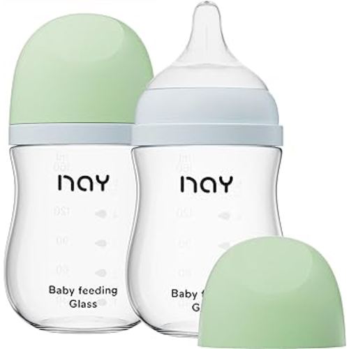 Natural Glass Baby Bottle Wide Neck, Newborn Anti-Colic Baby Bottle, Clear, 5.4oz(Pack of 2), Includes 2Pcs Slow Flow Nipple(S), 1 Months+