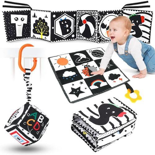 High Contrast Black and White Baby Toys 3-Piece Newborn Essentials Set with Hanging Toys,Rattle Crib Mobile,baby Book & Car Seat Stroller Toys for 0-3-6-12 Months Infant Development