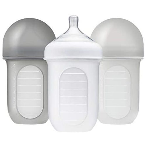 Boon, NURSH Reusable Silicone Pouch Bottle, Air-Free Feeding, 8 Ounce with Stage 2 Medium Flow Nipple (Pack of 3), Clear (B11224)