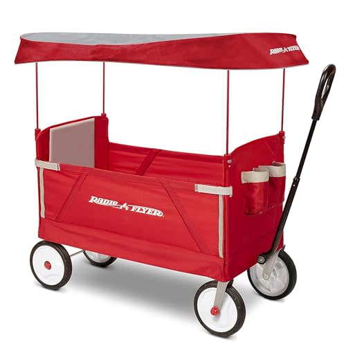 Radio Flyer 3 in 1 EZ Fold Stroller Wagon with Canopy and Adjustable Handle, Red