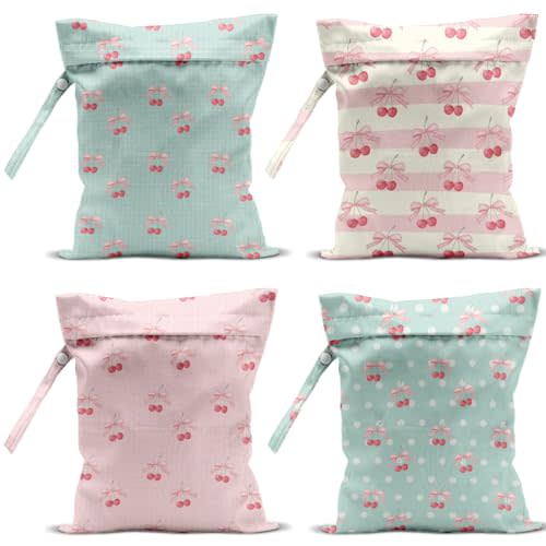 4 Pack Cute Stripe Bow Cherry Wet Bag Waterproof Washable Reusable Wet Dry Bag for Swimsuit Dirty Clothes Soiled Items Cloth Diaper Travel Beach Pool Yoga Gym Toiletries Travel Essentials