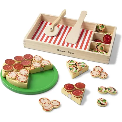 Melissa & Doug Wooden Pizza Play Food Set With 36 Toppings - Pretend Food And Pizza Cutter/ Toy For Kids Ages 3+