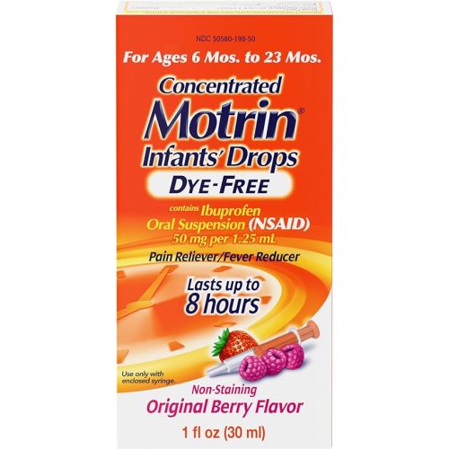 Motrin Infants' Oral Suspension Concentrated Liquid Medicine Drops with Ibuprofen, NSAID Infant Fever Reducer and Pain Reliever for Babies, Dye-Free, Alcohol-Free, Berry Flavor, 1 FL OZ