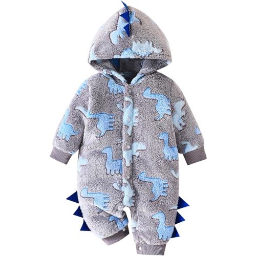 Baby Boys Dinosaur Outfit Fleece Bodysuit Infant One Piece Hooded Button Romper Outerwear Jumpsuit Toddler Jackets