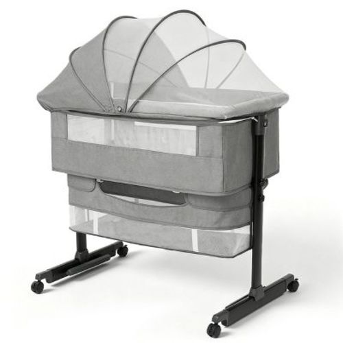 Baby Bassinet Bedside Crib with Adjustable Height, Breathable Mesh Sides, Wheels and Storage Basket,Dark Grey