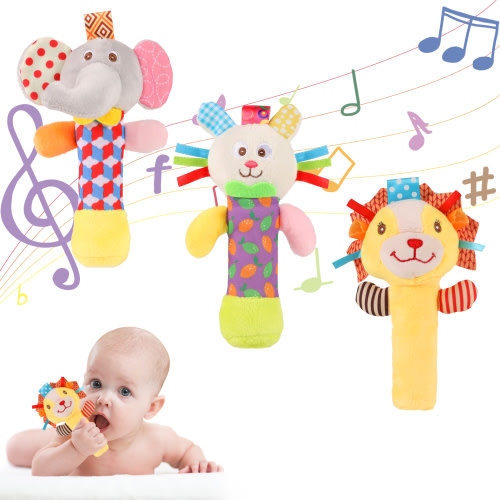 sixwipe 3 Pcs Baby Soft Rattles Toys, Baby Sensory Rattle Toys, Plush Animal Rattle Toys, Infant Squeak Sound Sensory Toys for 0-6 Months Newborn(Elephant, Lion, Rabbit)