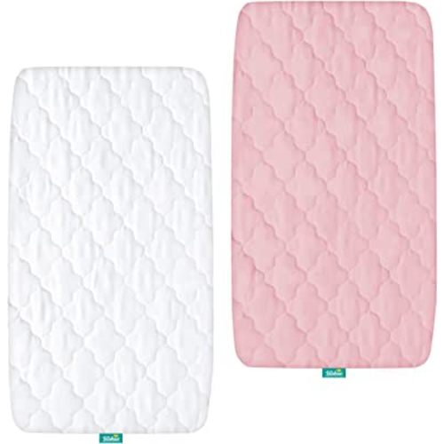Bassinet Mattress Pad Cover, Waterproof, Fits for All Mainstream Bassinet - Rectangle,Oval,Hourglass, 2 Pack, Ultra Soft Microfiber Surface, Washer & Dryer, White and Pink