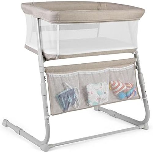 Cowiewie Bassinet Bedside Sleeper,Baby Bassinet Slides Over Bed,5-Position Height Adjustment & Breathable All-Mesh Wall Bedside Bassinet for Baby,Space-Saving Bedside Crib, Height(37.4-41.3"), Beige
