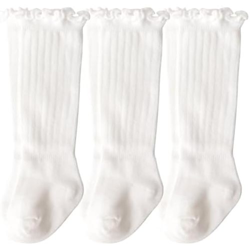 DRESHOW BQUBO Baby Girls Knee High Socks Infants Toddlers Kids Ruffled Socks Uniform Dress Socks Knit Cotton Long Stockings