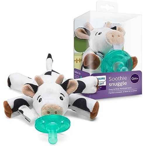 Philips Avent Soothie Snuggle Pacifier Holder with Detachable Pacifier, 0m+, Cow, SCF347/05