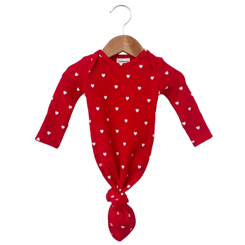 Organic Waffle Knotted Gown, Little White Heart (on Red)