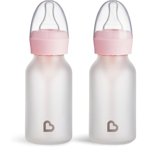 Munchkin Bond Silicone Coated Glass Baby Bottles - Anti-Colic Feeding System with Natural Feel Nipples, 4 Ounce, 2 Pack, Pink