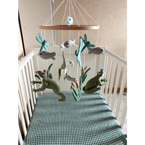 Universal crib mobile for boys and girls. Mobile frog, dragonfly, nature. Neutral colors, green, turquoise.