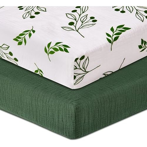 Lilian&Gema Muslin Crib Sheets, 2 Pack Cotton Crib Sheets Fitted for Standard Crib Mattress 52"x28", Soft and Breathable Green Crib Sheets for Baby Girls and Boys