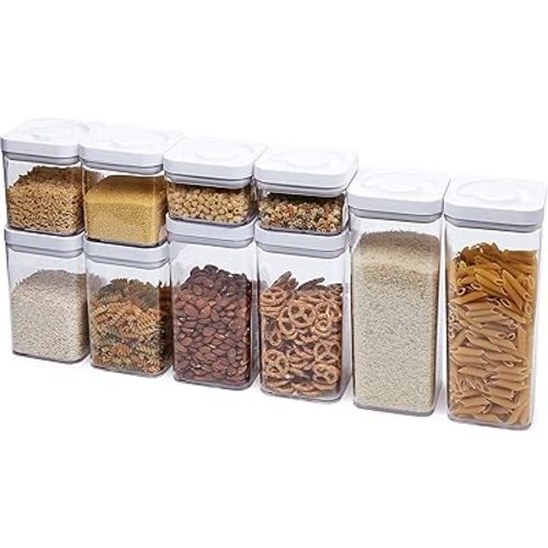 Amazon Basics Food Storage Containers with Lids, 10-Piece Square Set, Airtight Kitchen Pantry Organizers, Clear Plastic