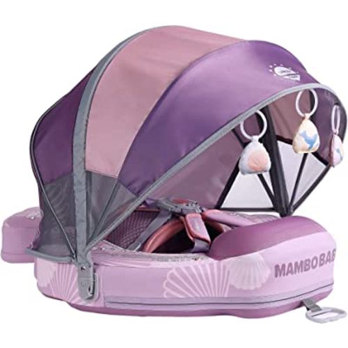 Mambobaby Float Add Tail Newest Baby Swim Float with Canopy Solid Pool Infant Swim Trainer Swimming Training Lying Air Free Water Floats Non-Inflatable Waist Swim Ring for Toddlers (Shell - Purple)