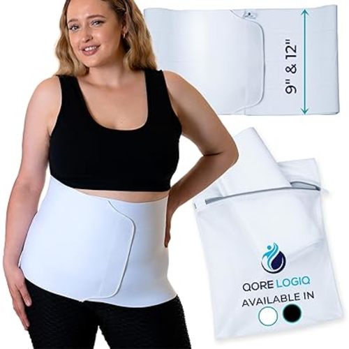 QORE LOGIQ Plus Size Abdominal Binder, Post Surgery Tummy Tuck Stomach Binder & Postpartum Abdominal Binder, Women & Men Adjustable 12" Belly Binder & Post Hysterectomy Belly Band, White XXL