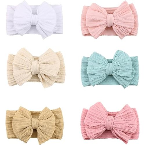 Stretchy Headbands with Bows for Newborn, Infant and Toddler Girls, Beige Unisex Head Wraps (6 Pack, 03H-09)