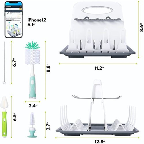 High Capacity Drying Rack with 5pcs Brushes, Deluxe Countertop Drying Rack, Universal Drying Station, Baby Bottle Drying Rack with Bottle Brushes, Cup and Bottle Drying Rack, White