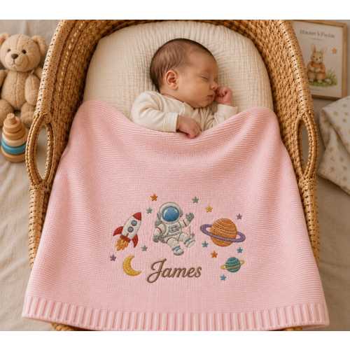 Personalized Space Baby Blanket, Embroidered Astronaut Name Knitted Blanket, Rocket Planet Newborn Gift, Celestial Baby Shower Keepsake