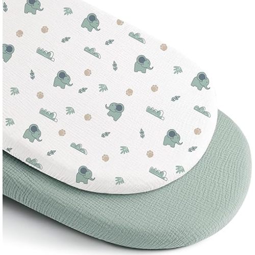 Muslin Bassinet Sheets for Baby Boy Girl - 100% Cotton Extra Soft Bassinet Fitted Sheets for Oval Rectangle Hourglass Pad/Mattress, 2 Pack(Green&Elephant)