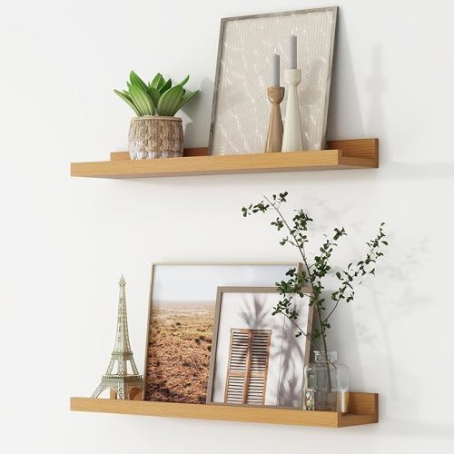 Picture Ledge Shelf, Floating Shelves Set of 2, 24 Inches Nursery Book Shelves for Toys Storage, Kids Bookshelf Wall Mounted for Living Room Bedroom Decor Books Photo Frames, Natural Oak
