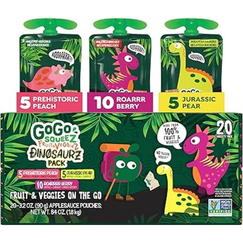 GoGo squeeZ No Sugar Added Fruit & veggieZ Applesauce and Puree Variety Pack, Jurassic Pear, Roarrrr Berry & Prehistoric Peach, 3.2 oz Pouches (Pack of 20), Fruit Snacks for Kids, Gluten Free, Nut Free, Recloseable Cap, BPA Free